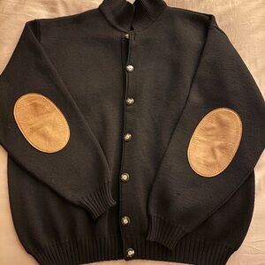 Men's Black Cardigan with Tan Elbow Patches